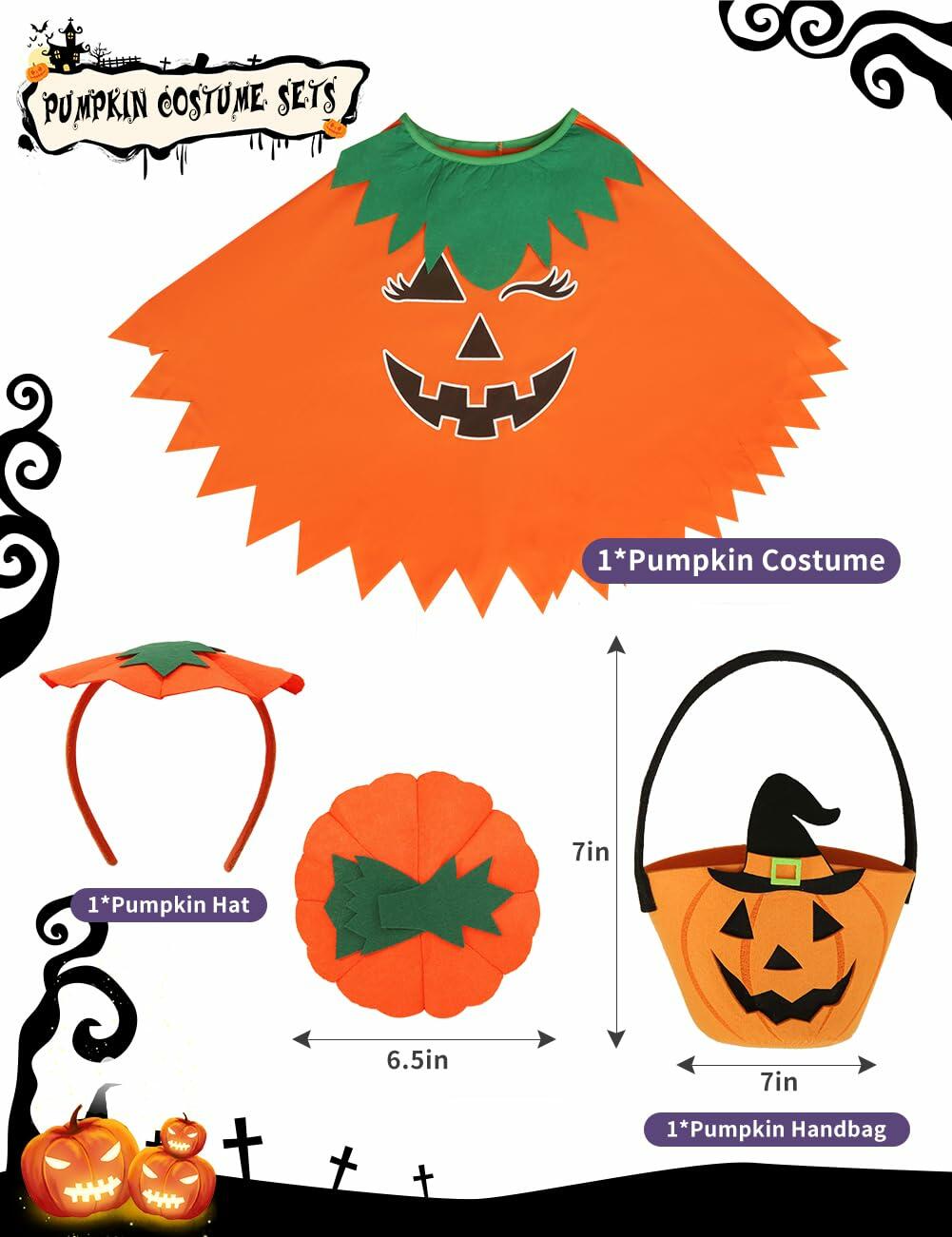 qqpouc Pumpkin Costume Glow in Dark Halloween Poncho Headband Candy Bags 3-7Y
