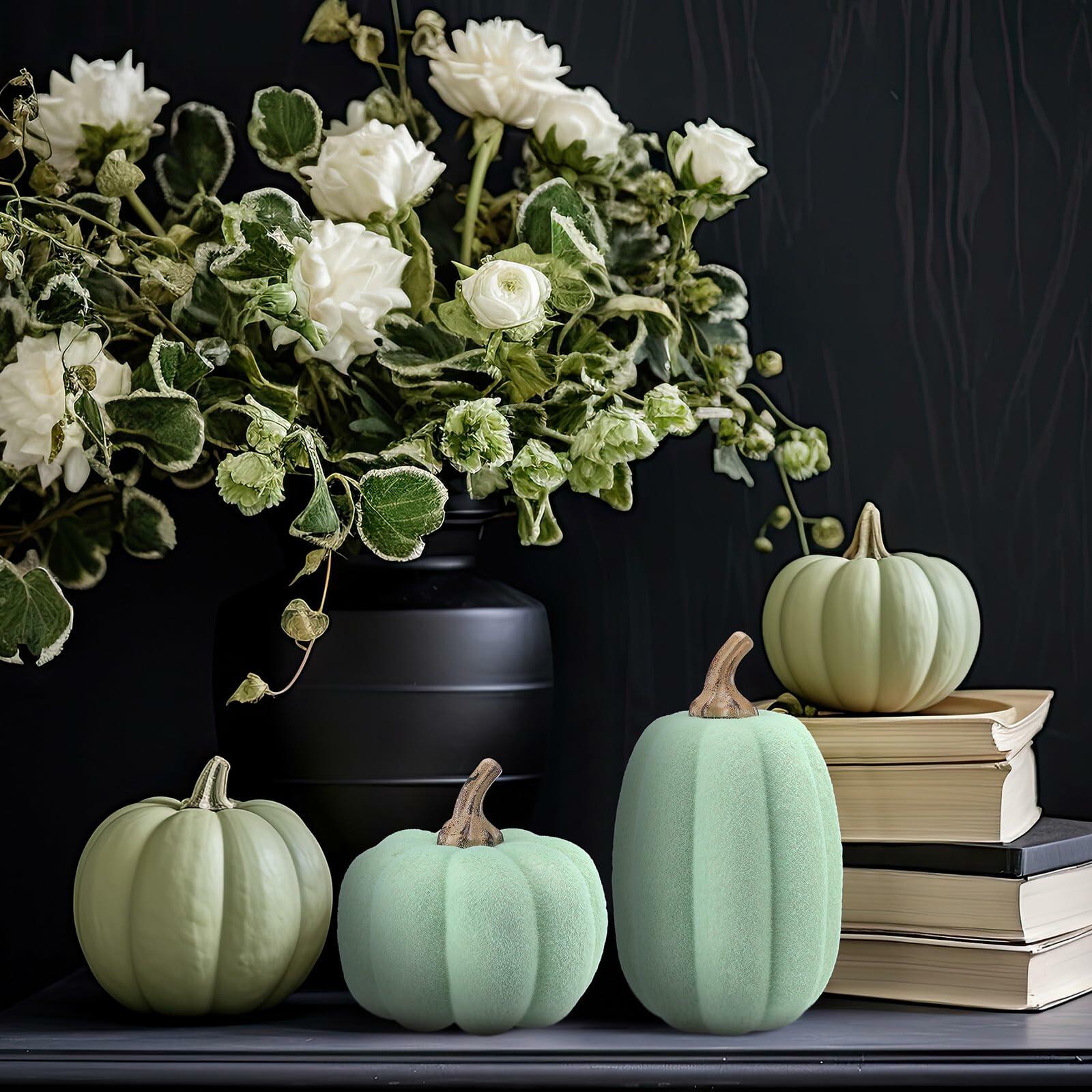 Vicenpal 2 Pcs Green Foam Pumpkins Fall Thanksgiving Decor Flocked Velvet