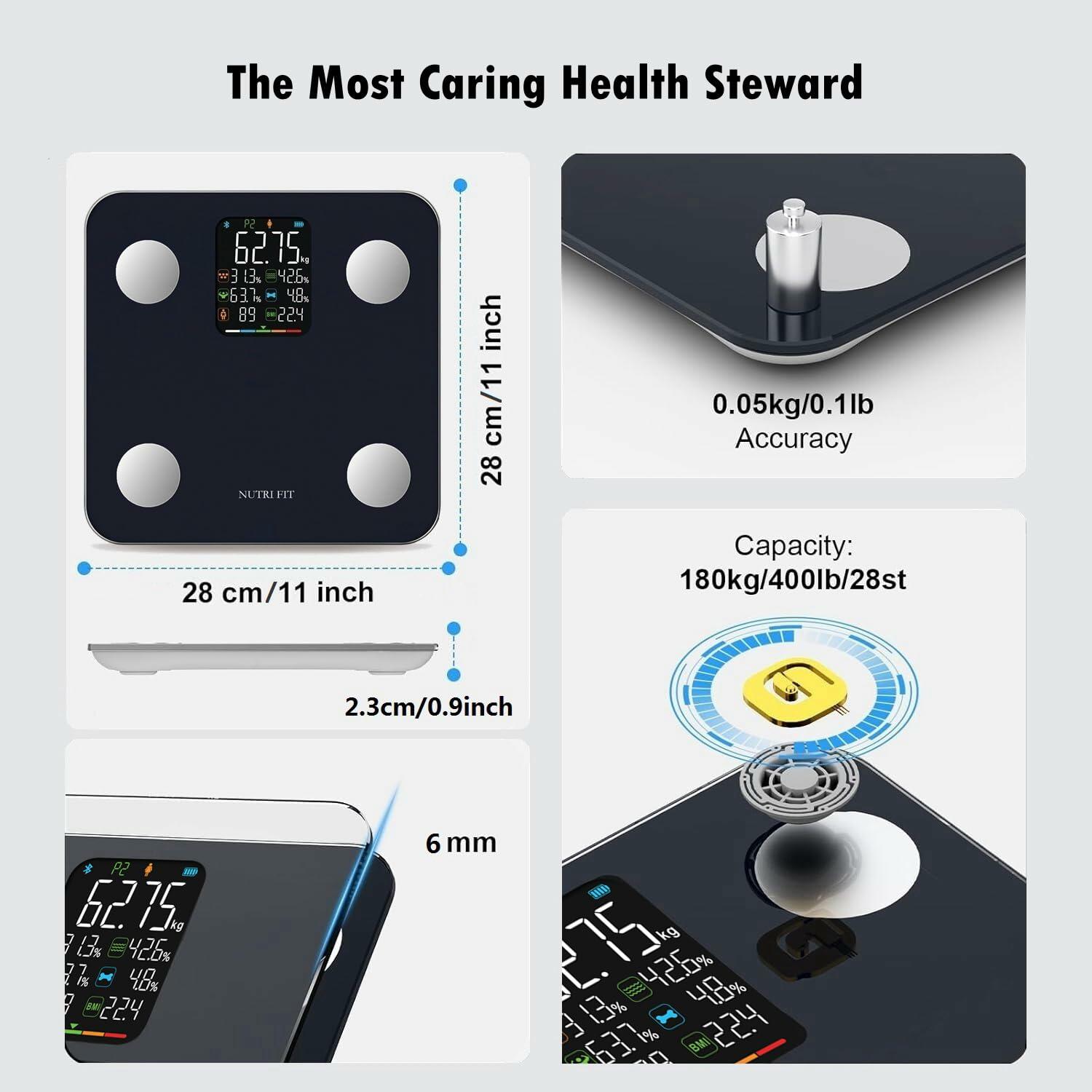 NUTRI FIT Smart Scale Body Weight BMI Muscle Fat Bluetooth 7-in-1 Black