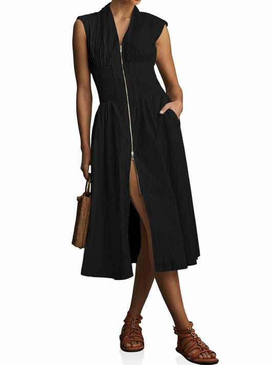 Wenrine Womens Summer Smocked Midi Dress V Neck Cap Sleeve Black