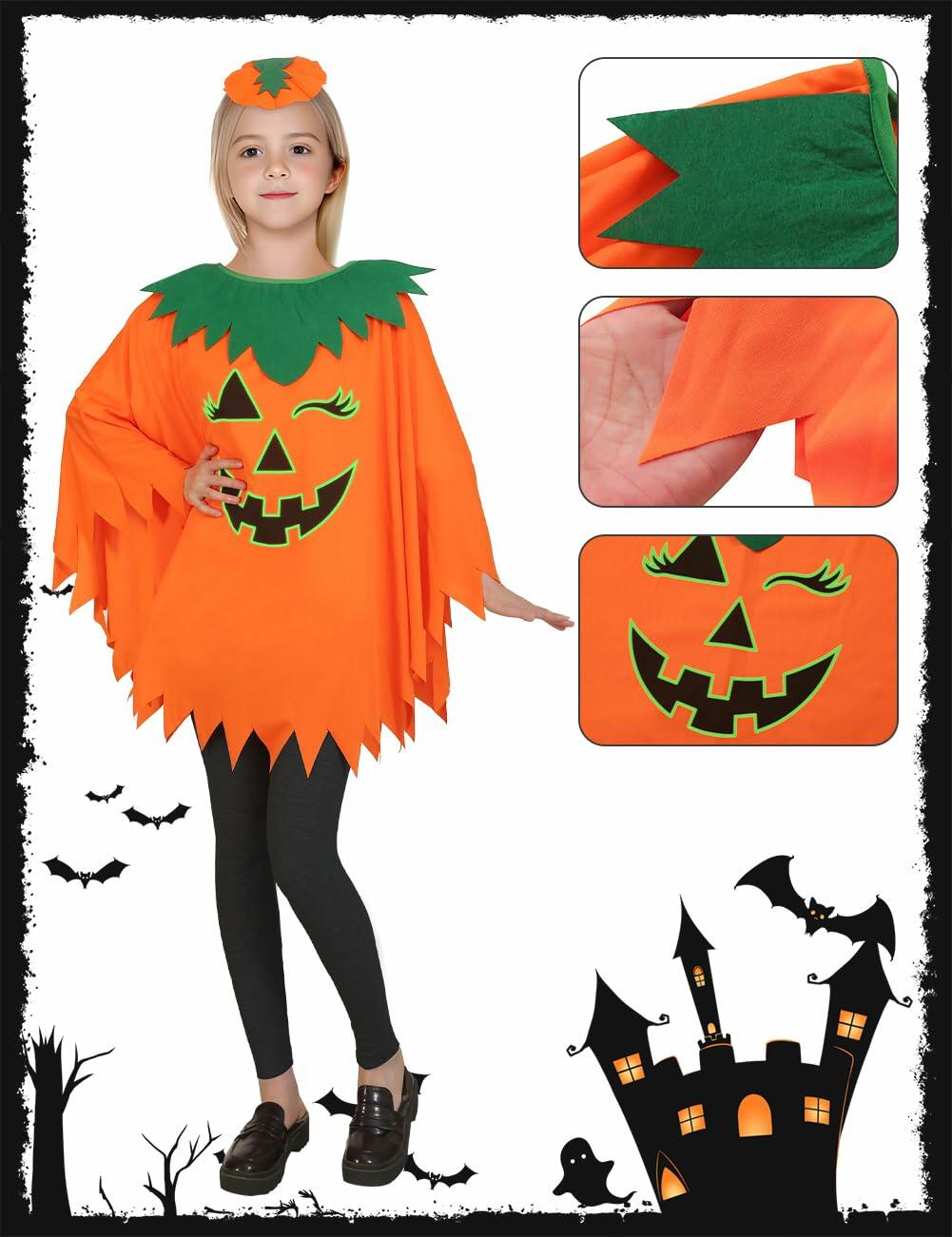 qqpouc Pumpkin Costume Glow in Dark Halloween Poncho Headband Candy Bags 3-7Y