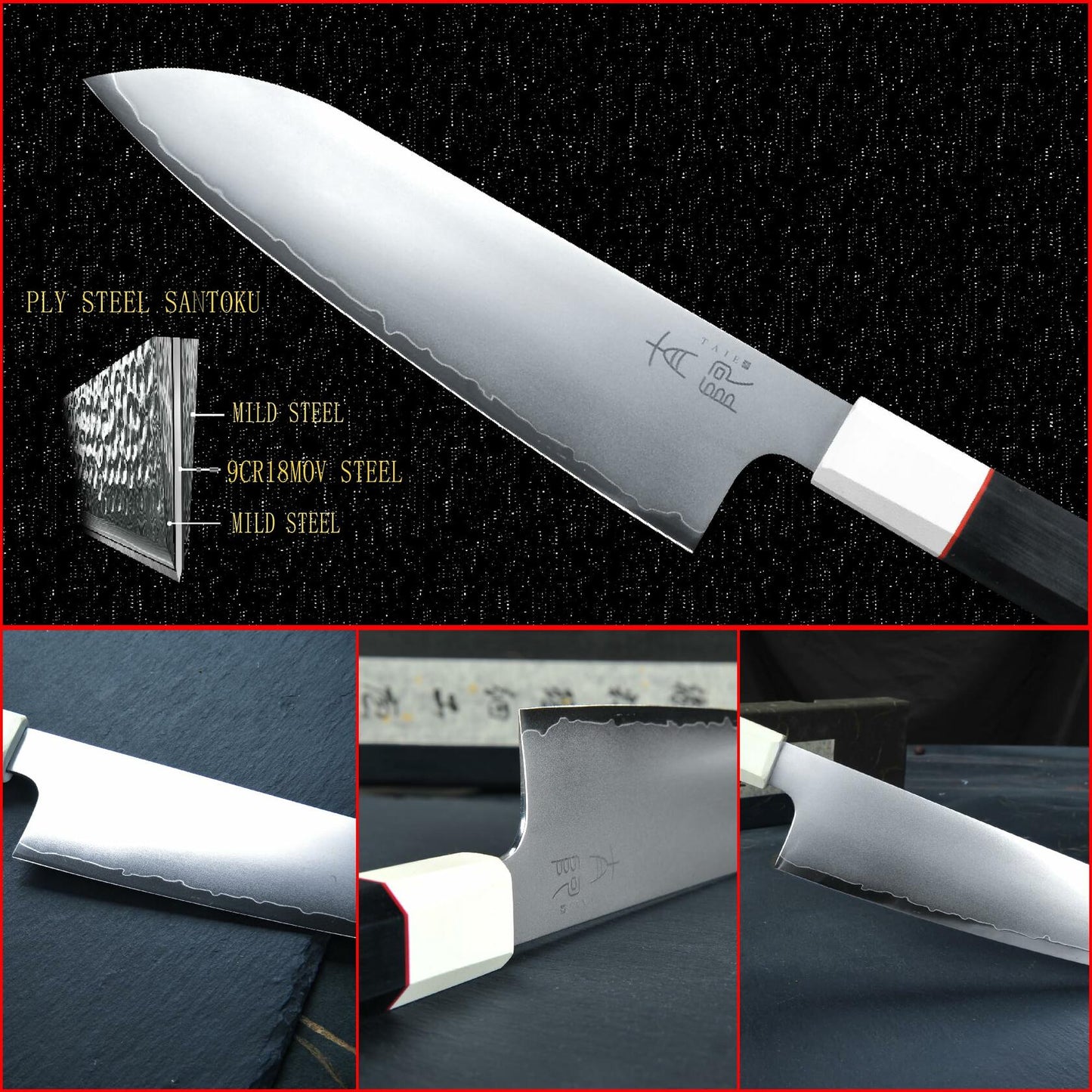 TAIE Santoku Kitchen Knife 7in Japanese 9Cr18Mov Steel G10 Handle Silver