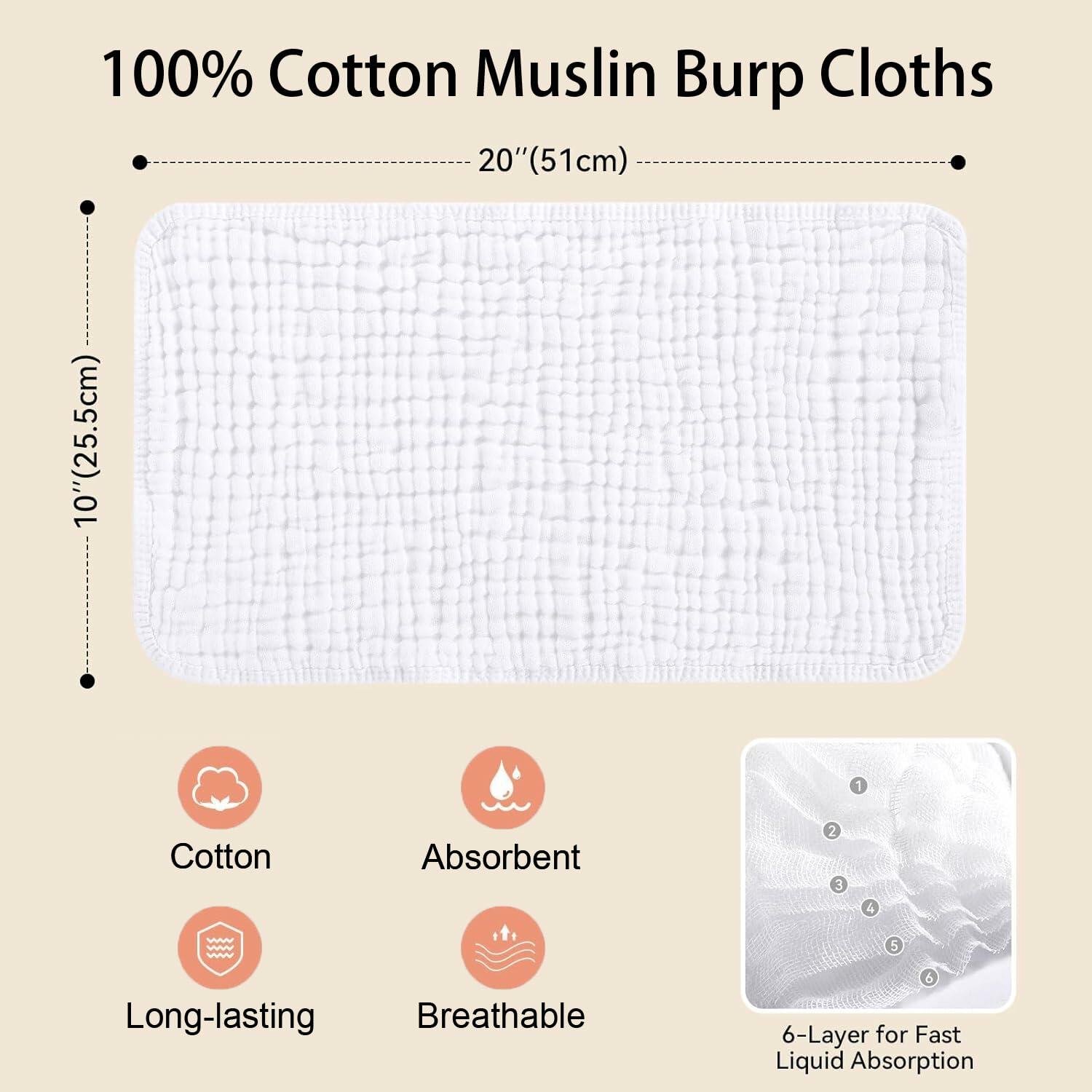 ROXANEPIG Organic Cotton Muslin Burp Cloths 8 Pack White Large 20x10