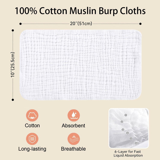 ROXANEPIG Organic Cotton Muslin Burp Cloths 8 Pack White Large 20x10