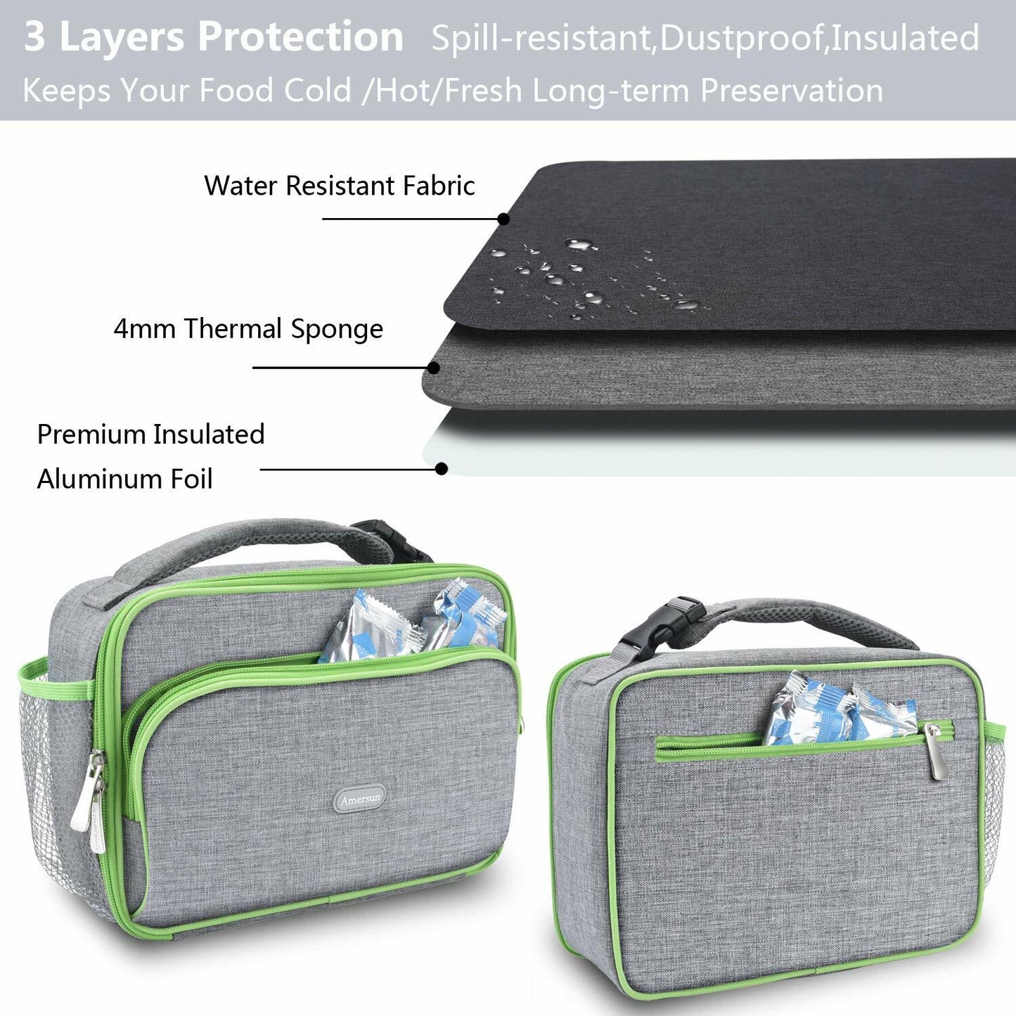 Amersun Insulated Lunch Box with 2 Pockets Padded Liner Dark Gray 4 Compartments
