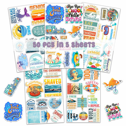 BIGZORO 50PCS Waterproof Swimming Stickers Decals Vinyl for Laptop Water Bottles