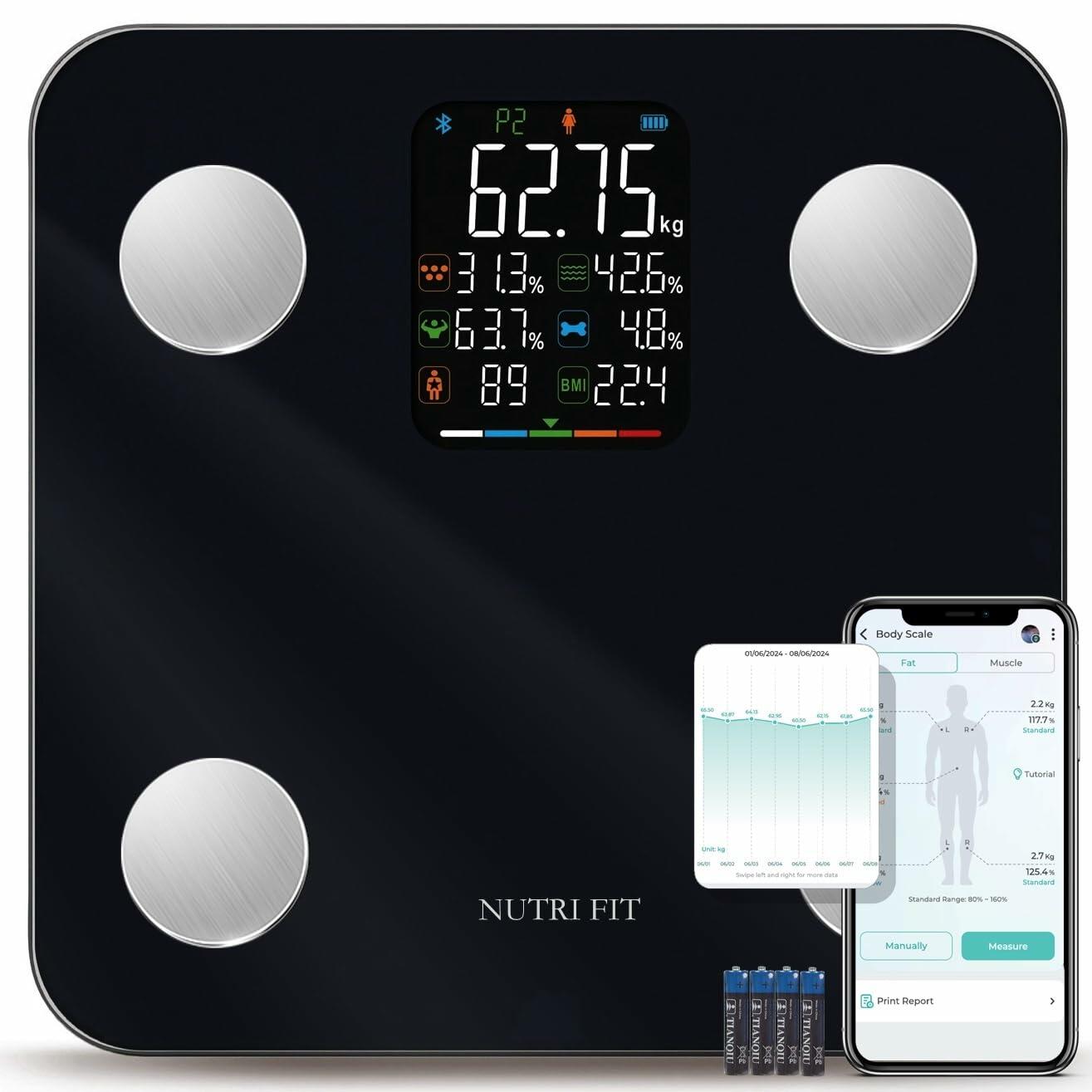 NUTRI FIT Smart Scale Body Weight BMI Muscle Fat Bluetooth 7-in-1 Black