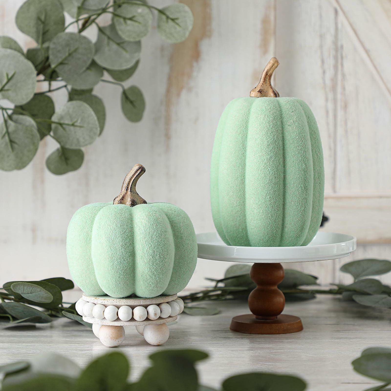 Vicenpal 2 Pcs Green Foam Pumpkins Fall Thanksgiving Decor Flocked Velvet