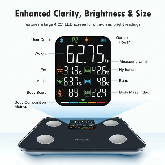 NUTRI FIT Smart Scale Body Weight BMI Muscle Fat Bluetooth 7-in-1 Black