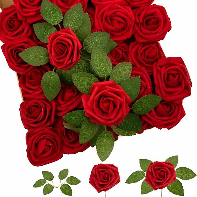Yaqulen 60Pcs Artificial Foam Rose Flowers with Stems Red for Decorations