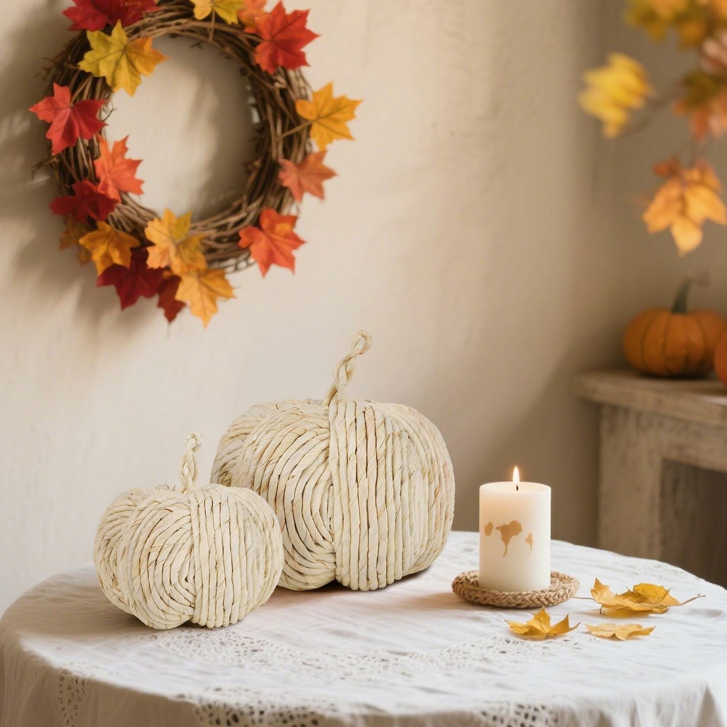 winemana 2 Pack Woven Pumpkin Decor Fall Thanksgiving White Assorted Size