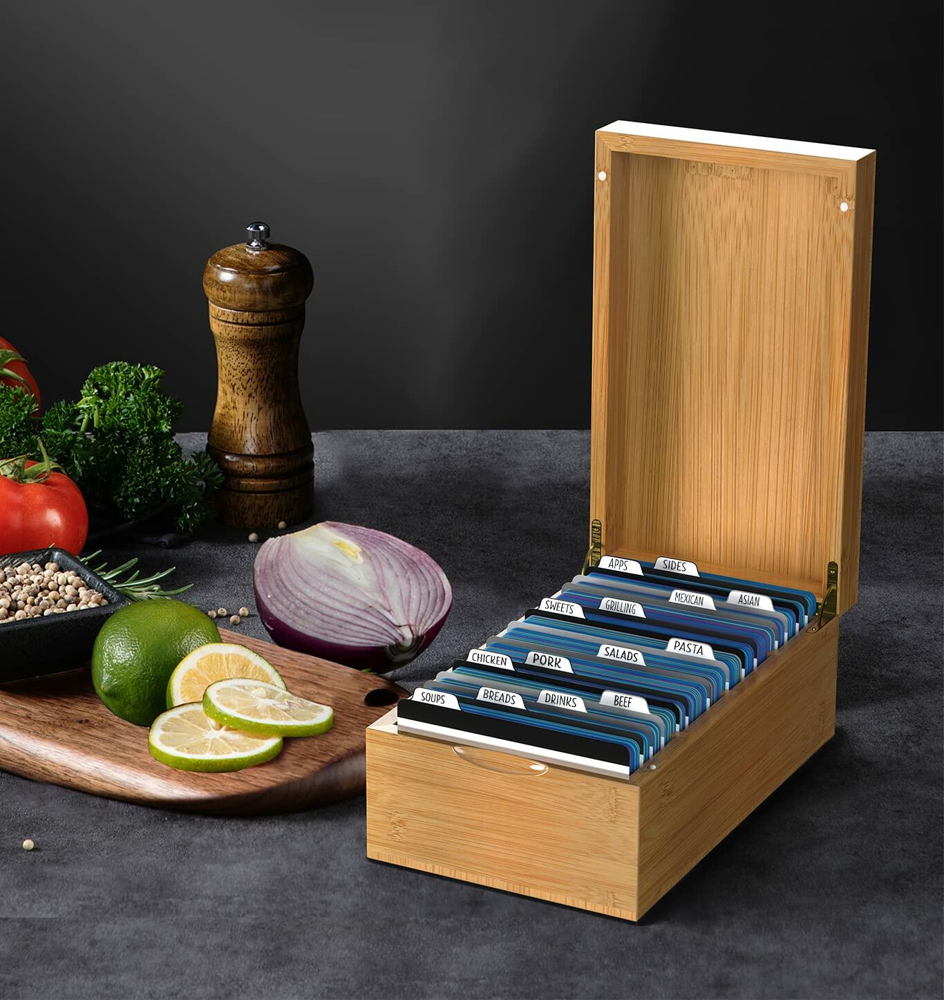 Neando Bamboo Recipe Card Organizer 4x6 Cards 4 Compartments 600 Capacity