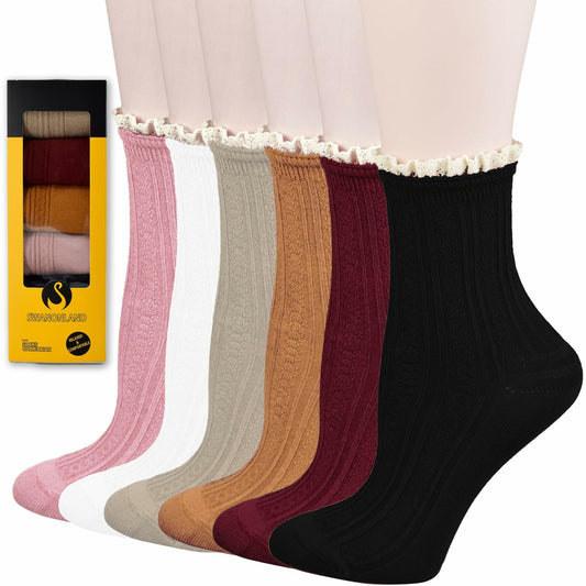 SWANONLAND Women’s Frilly Ankle Socks Vintage Trim 6 Pairs Assorted One Size