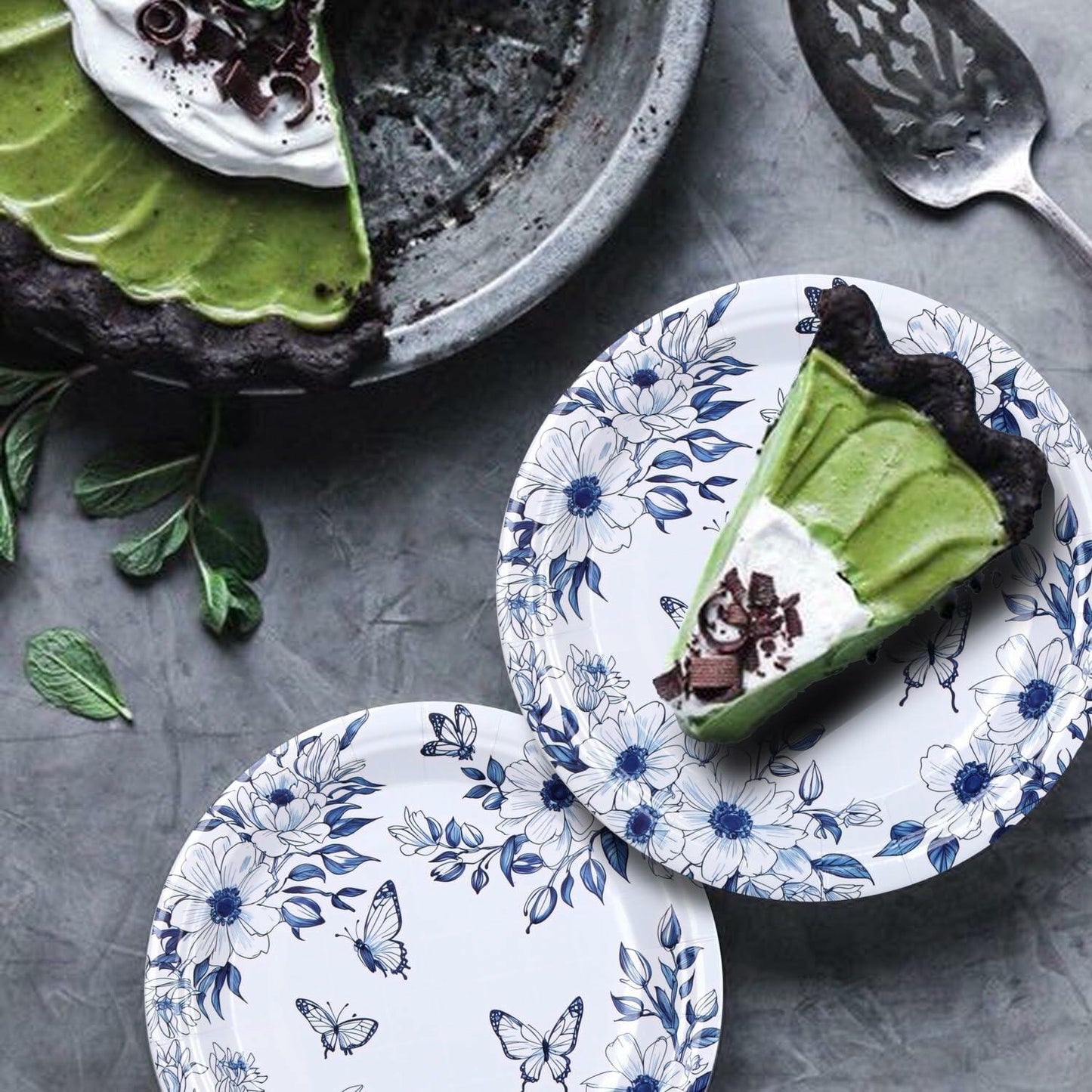 Pandecor 50 Blue White Floral Disposable Paper Plates 7in Butterfly Theme