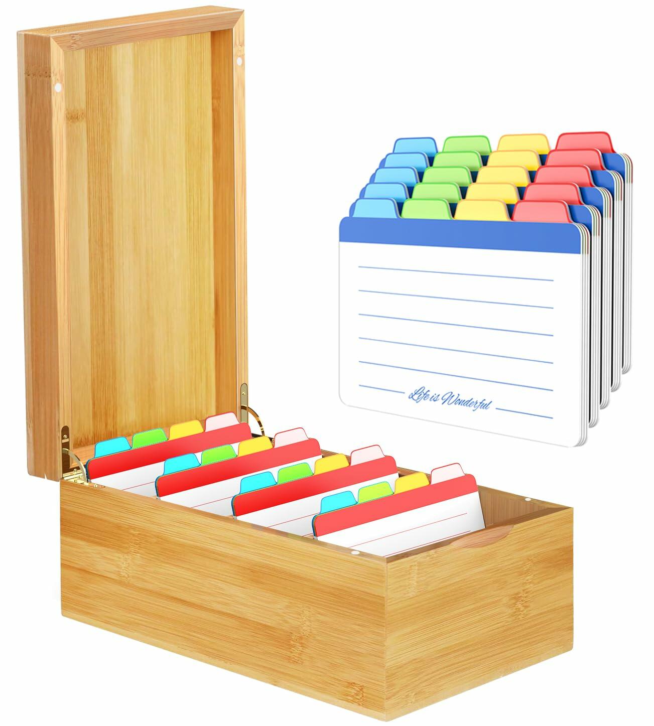 Neando Bamboo Recipe Card Organizer 4x6 Cards 4 Compartments 600 Capacity