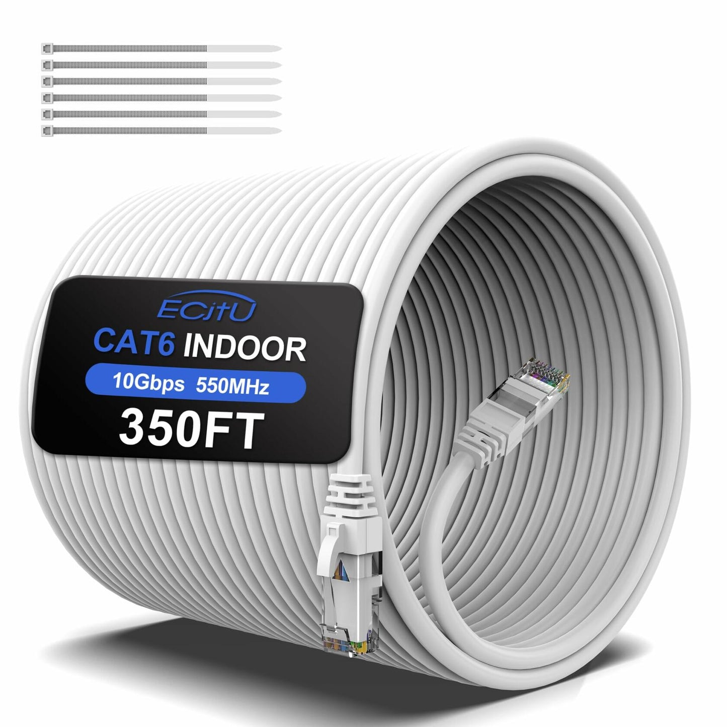 ecjtu 350FT Cat6 Ethernet Cable UTP PoE 24AWG CCA White with 25 Cable Ties
