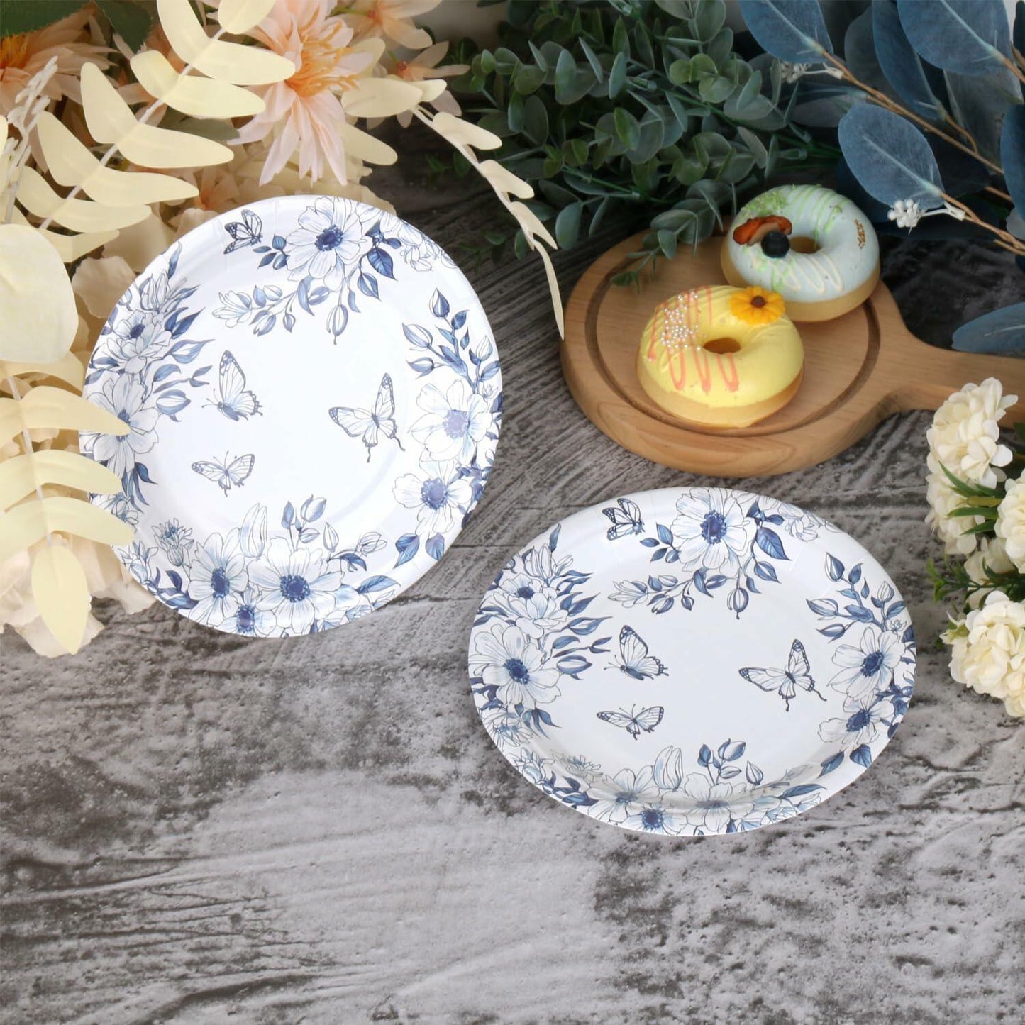Pandecor 50 Blue White Floral Disposable Paper Plates 7in Butterfly Theme