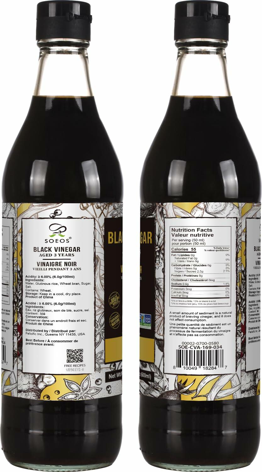 Soeos Chinkiang Black Vinegar 16.9oz 3 Years Aged Naturally Fermented