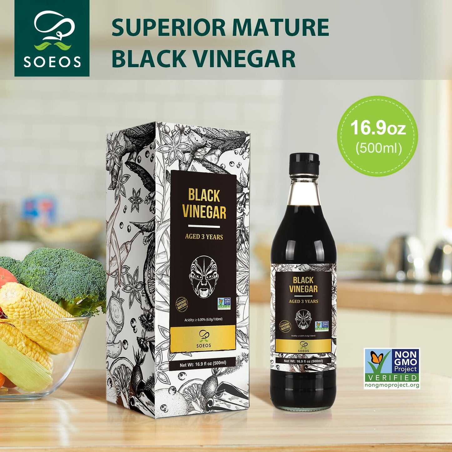 Soeos Chinkiang Black Vinegar 16.9oz 3 Years Aged Naturally Fermented