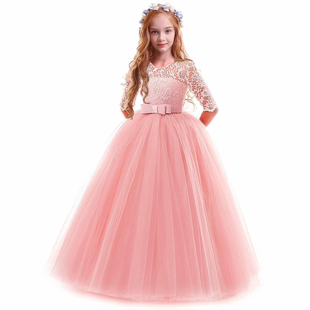 ABEHIK Flower Girls Lace Tulle Communion Dress Pink Size 2-3T