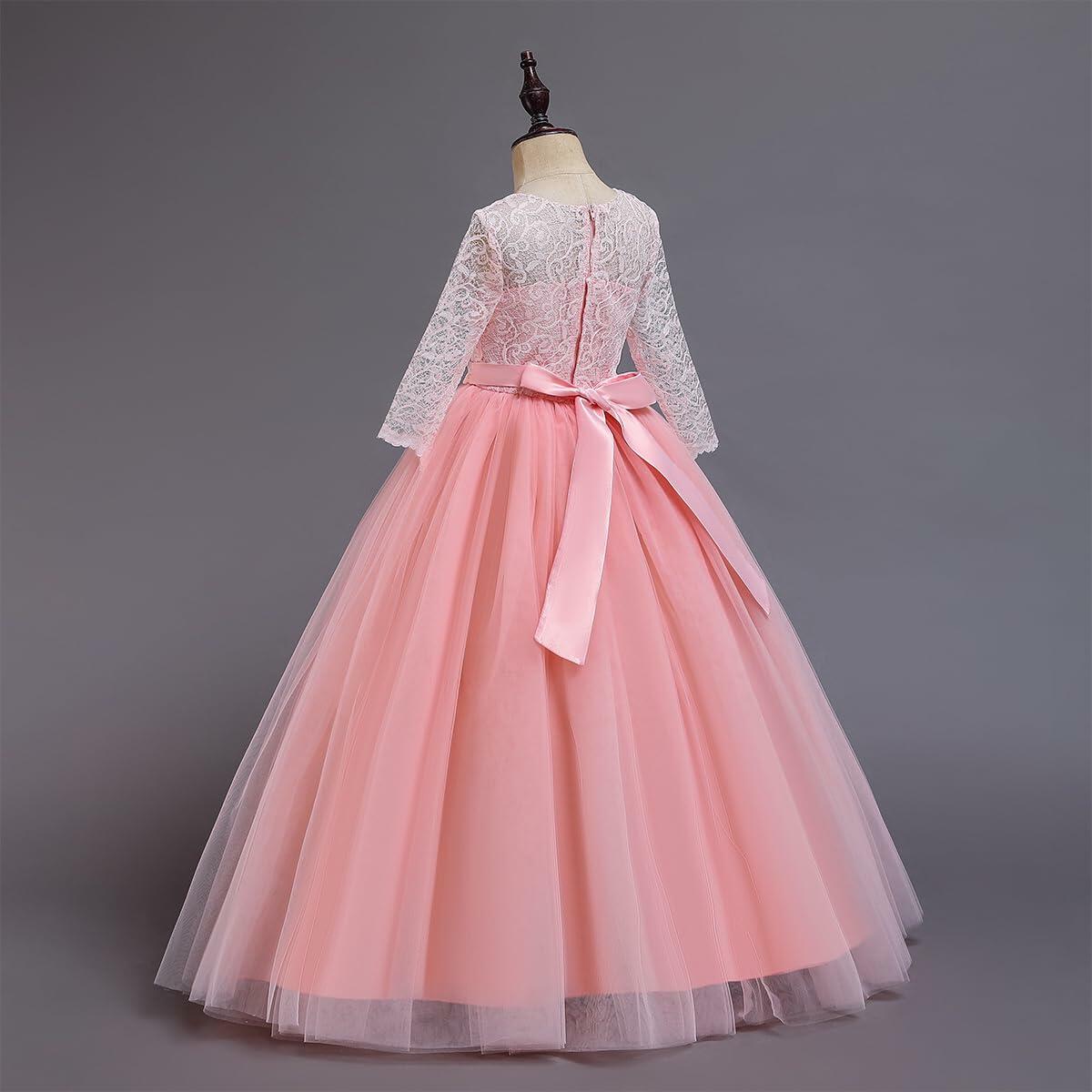 ABEHIK Flower Girls Lace Tulle Communion Dress Pink Size 2-3T