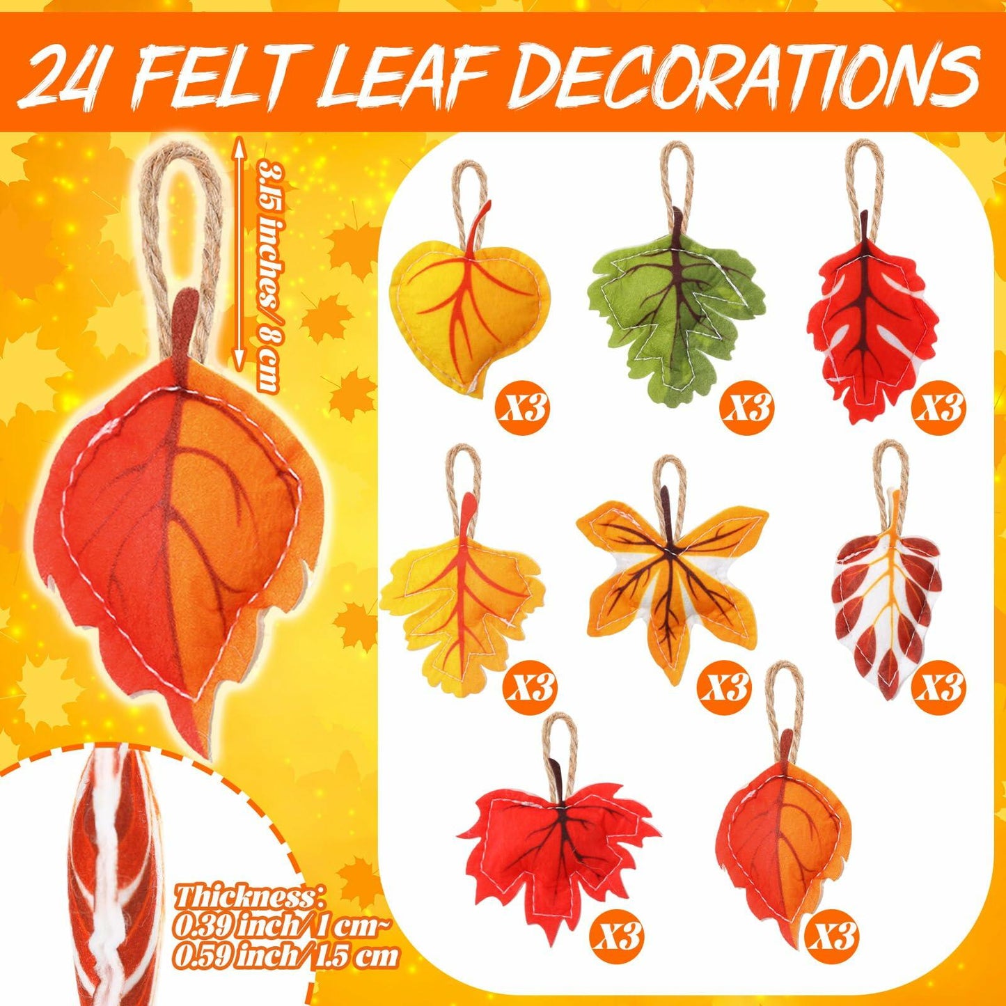 HunnmingRe 24 Pcs Thanksgiving Fall Felt Ornaments Maple Leaf Orange Decor