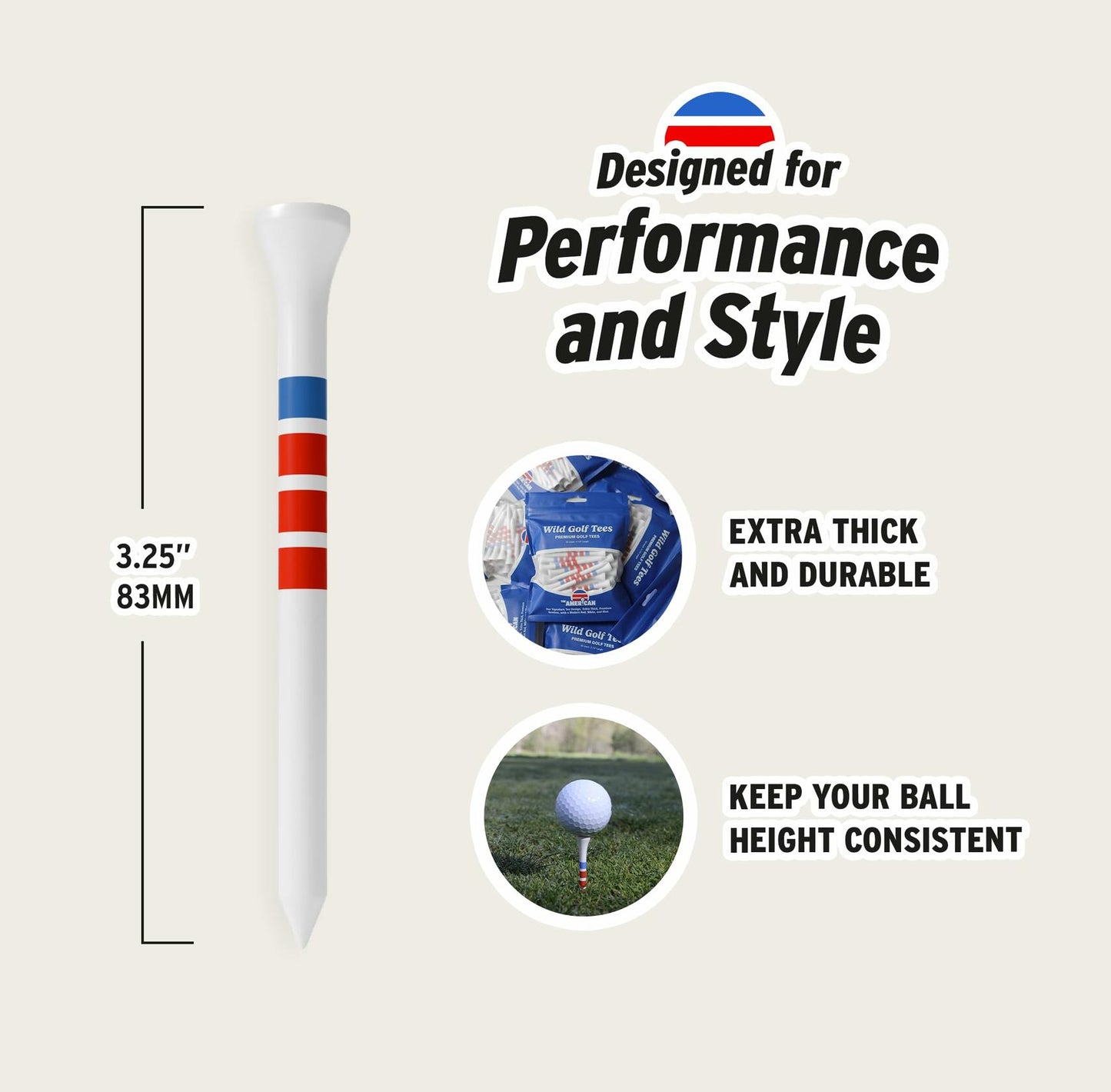Wild Golf Wood Bamboo Golf Tees 3-1/4" Extra-Thick Red White Blue 50 Pack