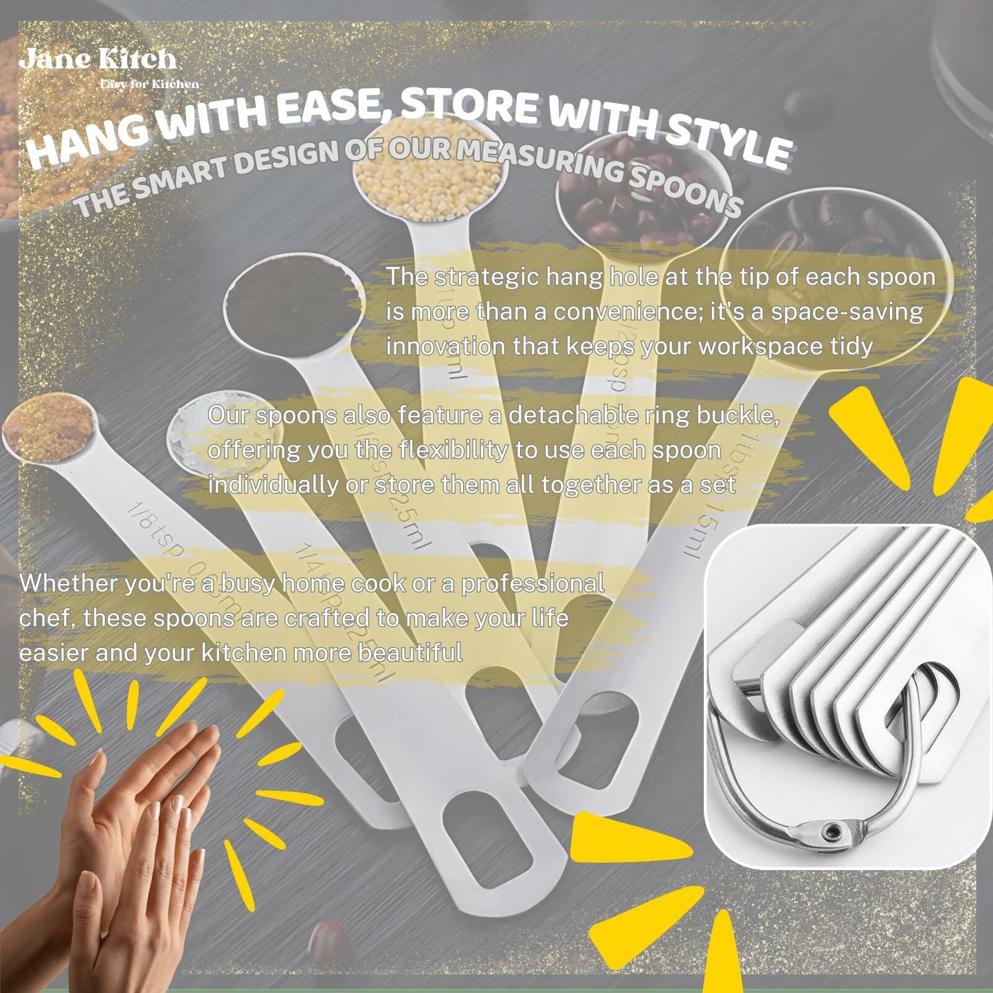 Jane Kitch Stainless Steel Measuring Spoons Set of 6 Silver Metal Kitchen