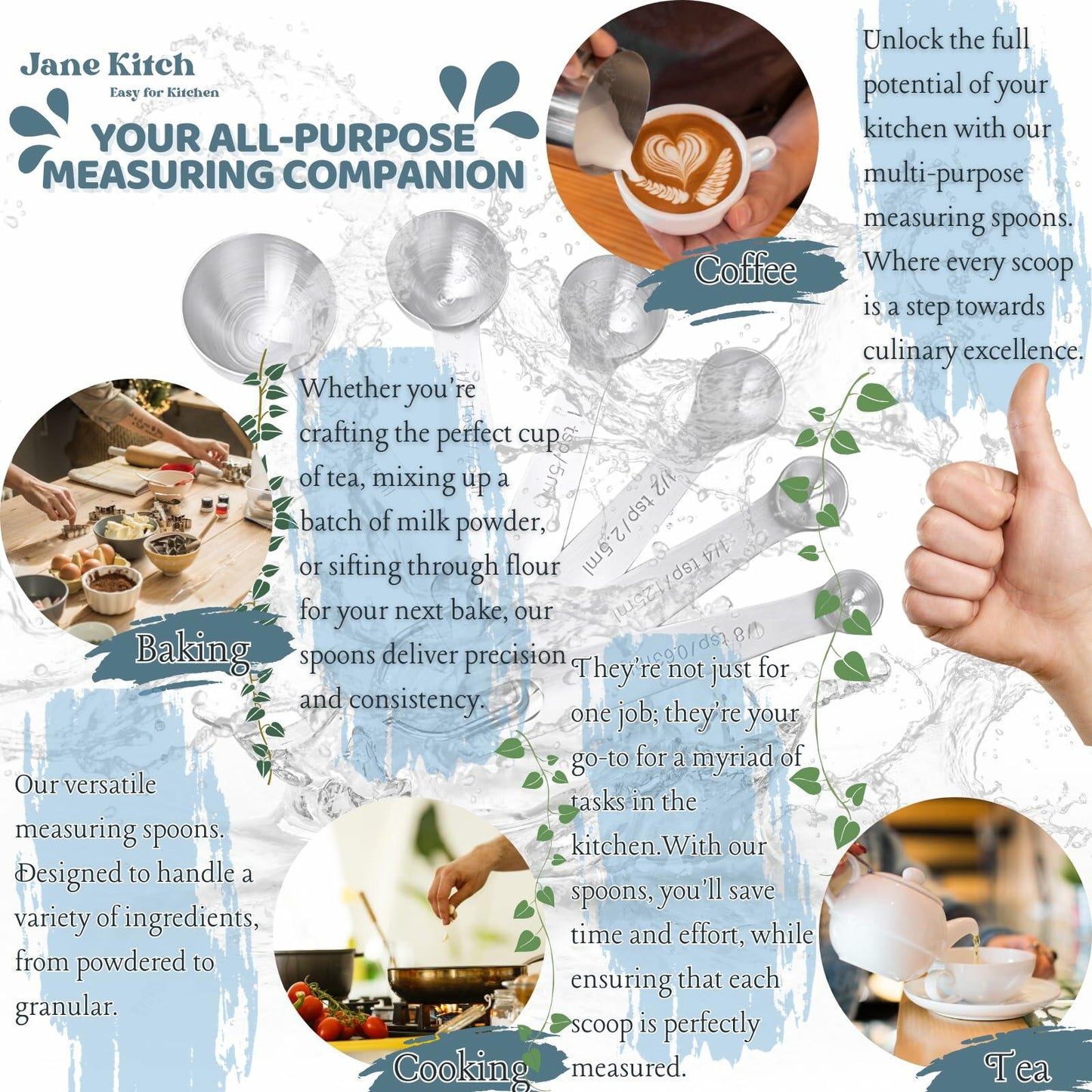 Jane Kitch Stainless Steel Measuring Spoons Set of 6 Silver Metal Kitchen