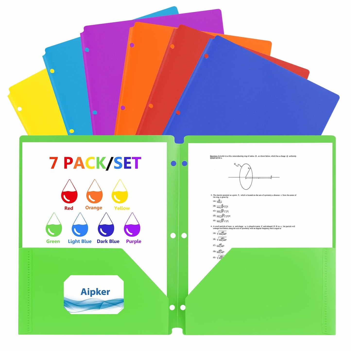 Aipker Plastic Folder with Pockets 3-Hole Punched 7 Pack Assorted Colors