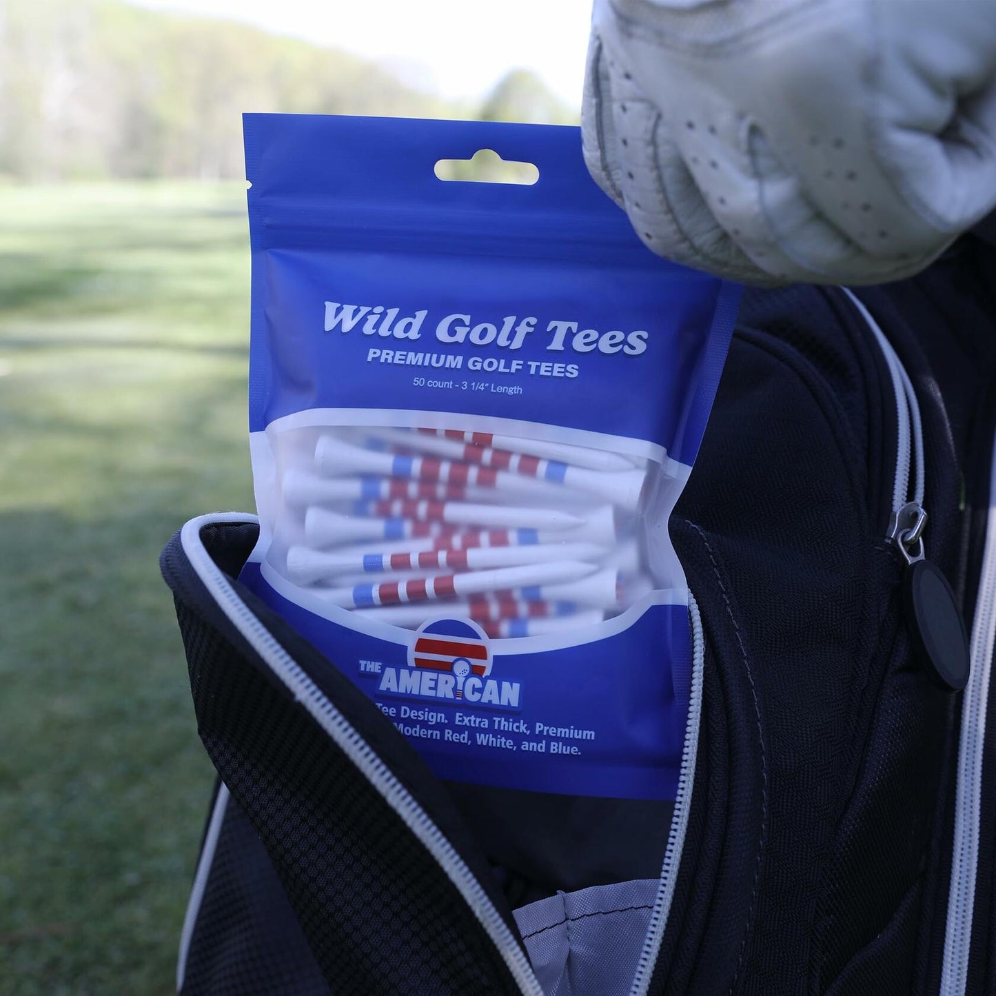 Wild Golf Wood Bamboo Golf Tees 3-1/4" Extra-Thick Red White Blue 50 Pack