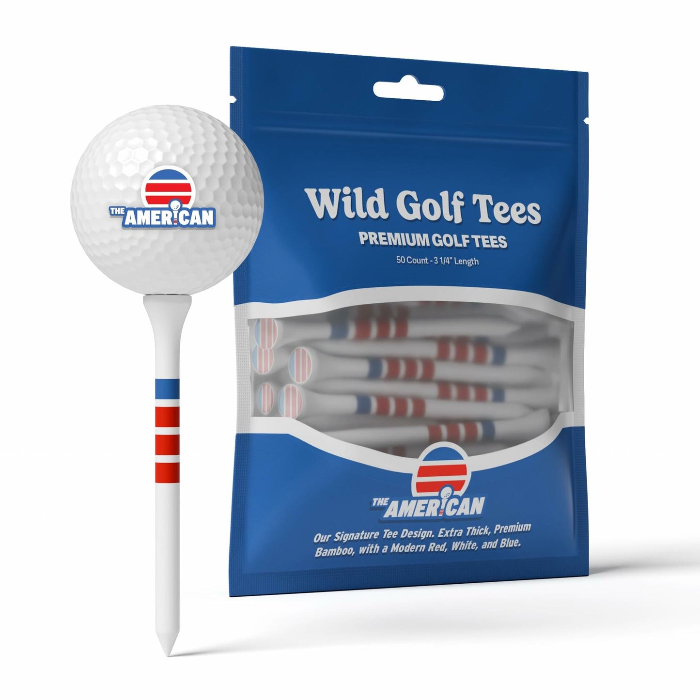 Wild Golf Wood Bamboo Golf Tees 3-1/4" Extra-Thick Red White Blue 50 Pack