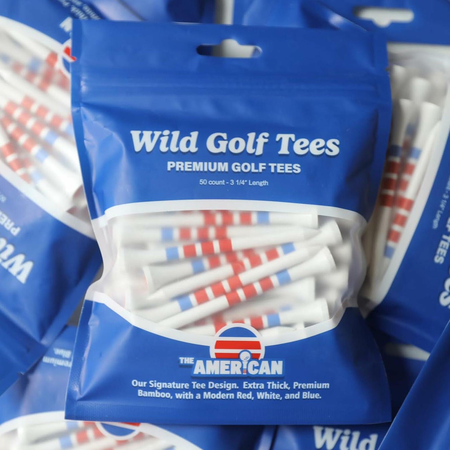 Wild Golf Wood Bamboo Golf Tees 3-1/4" Extra-Thick Red White Blue 50 Pack