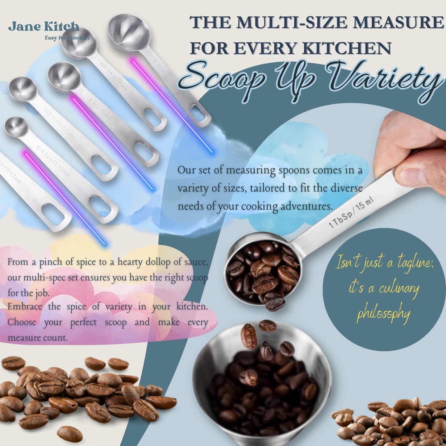 Jane Kitch Stainless Steel Measuring Spoons Set of 6 Silver Metal Kitchen