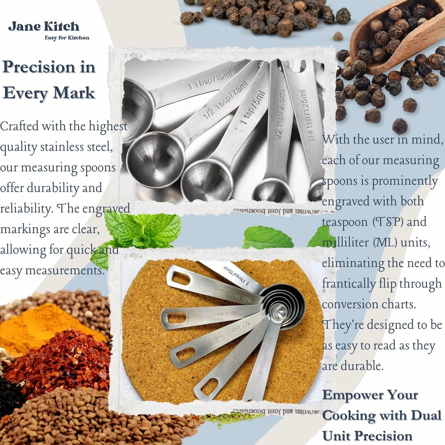 Jane Kitch Stainless Steel Measuring Spoons Set of 6 Silver Metal Kitchen