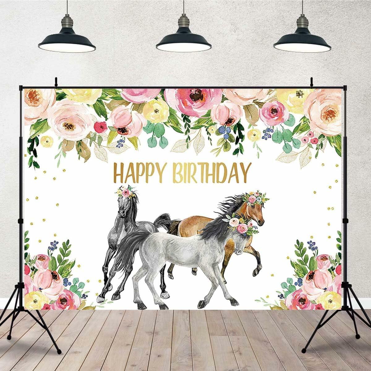 JICONEE Horse Birthday Party Backdrop Western Bohemian Wildflower 7x5ft
