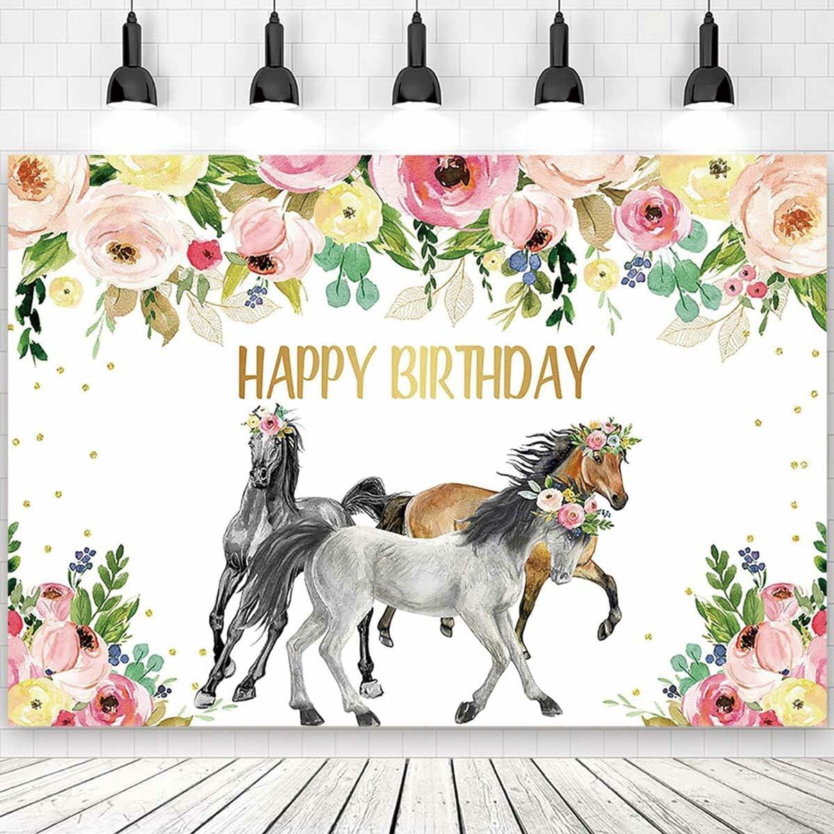 JICONEE Horse Birthday Party Backdrop Western Bohemian Wildflower 7x5ft