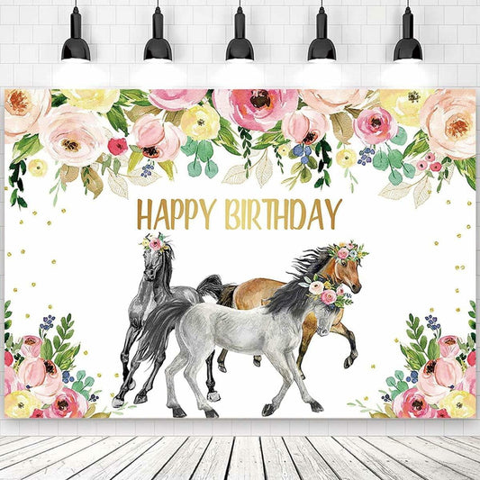 JICONEE Horse Birthday Party Backdrop Western Bohemian Wildflower 7x5ft