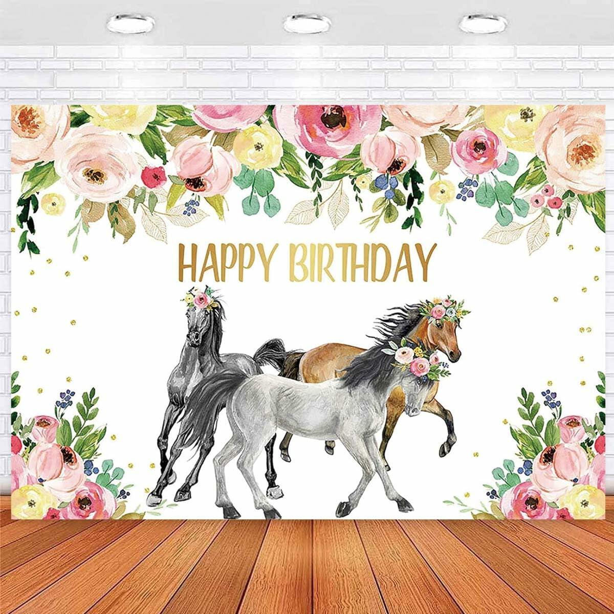 JICONEE Horse Birthday Party Backdrop Western Bohemian Wildflower 7x5ft