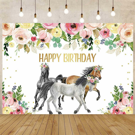 JICONEE Horse Birthday Party Backdrop Western Bohemian Wildflower 7x5ft