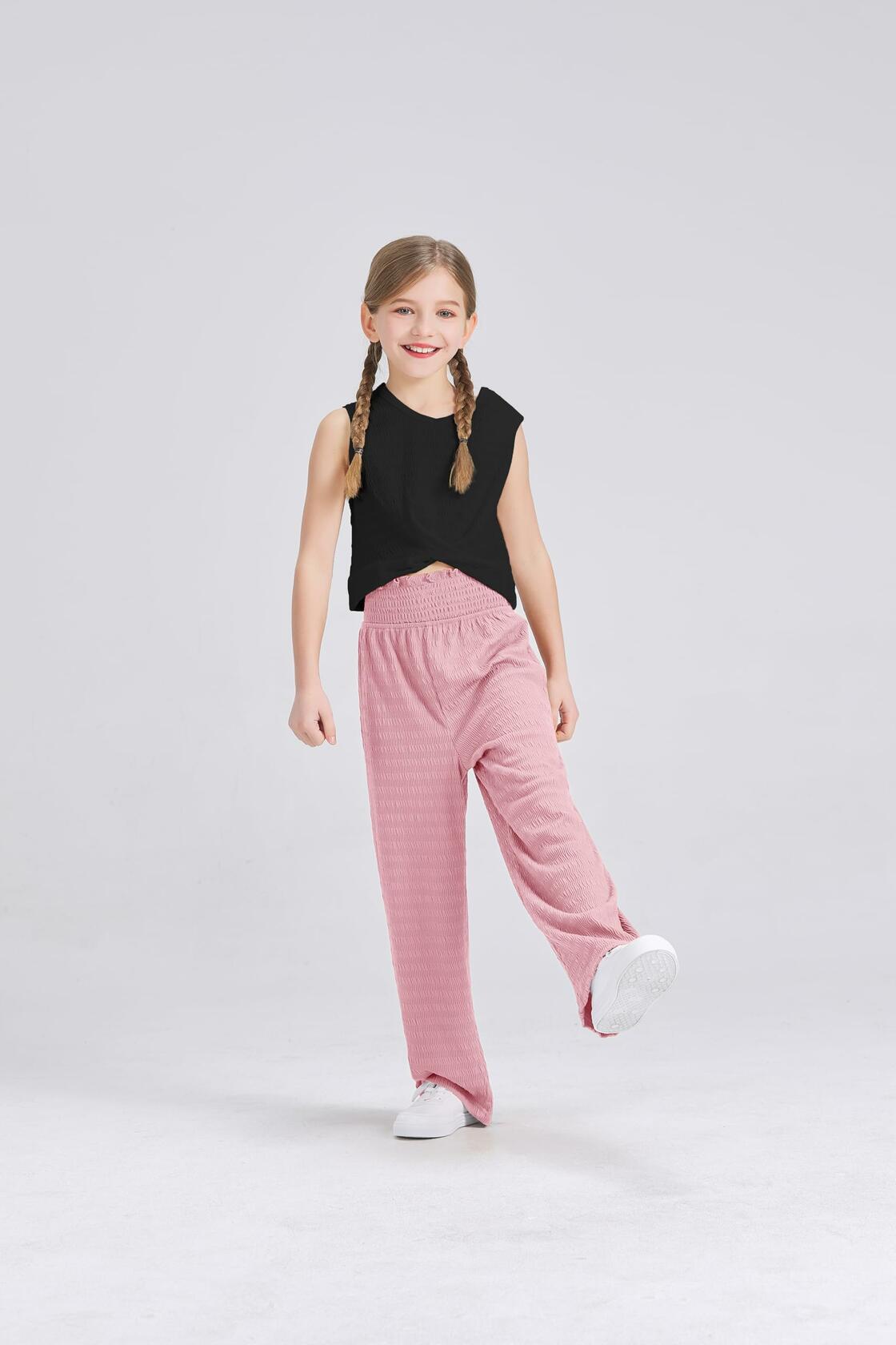 Handfrog Girls 2PC Tie Knot Crop Top & Wide Leg Pants Set Pink Black Size 12-13Y