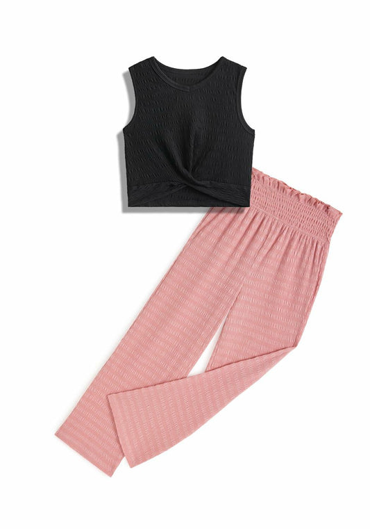 Handfrog Girls 2PC Tie Knot Crop Top & Wide Leg Pants Set Pink Black Size 12-13Y