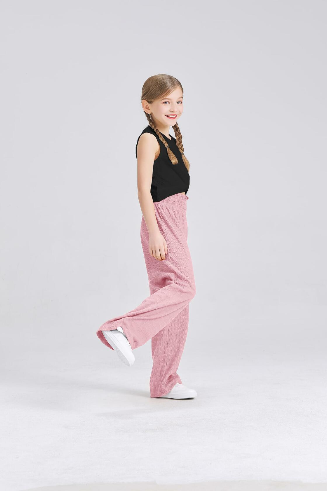 Handfrog Girls 2PC Tie Knot Crop Top & Wide Leg Pants Set Pink Black Size 12-13Y