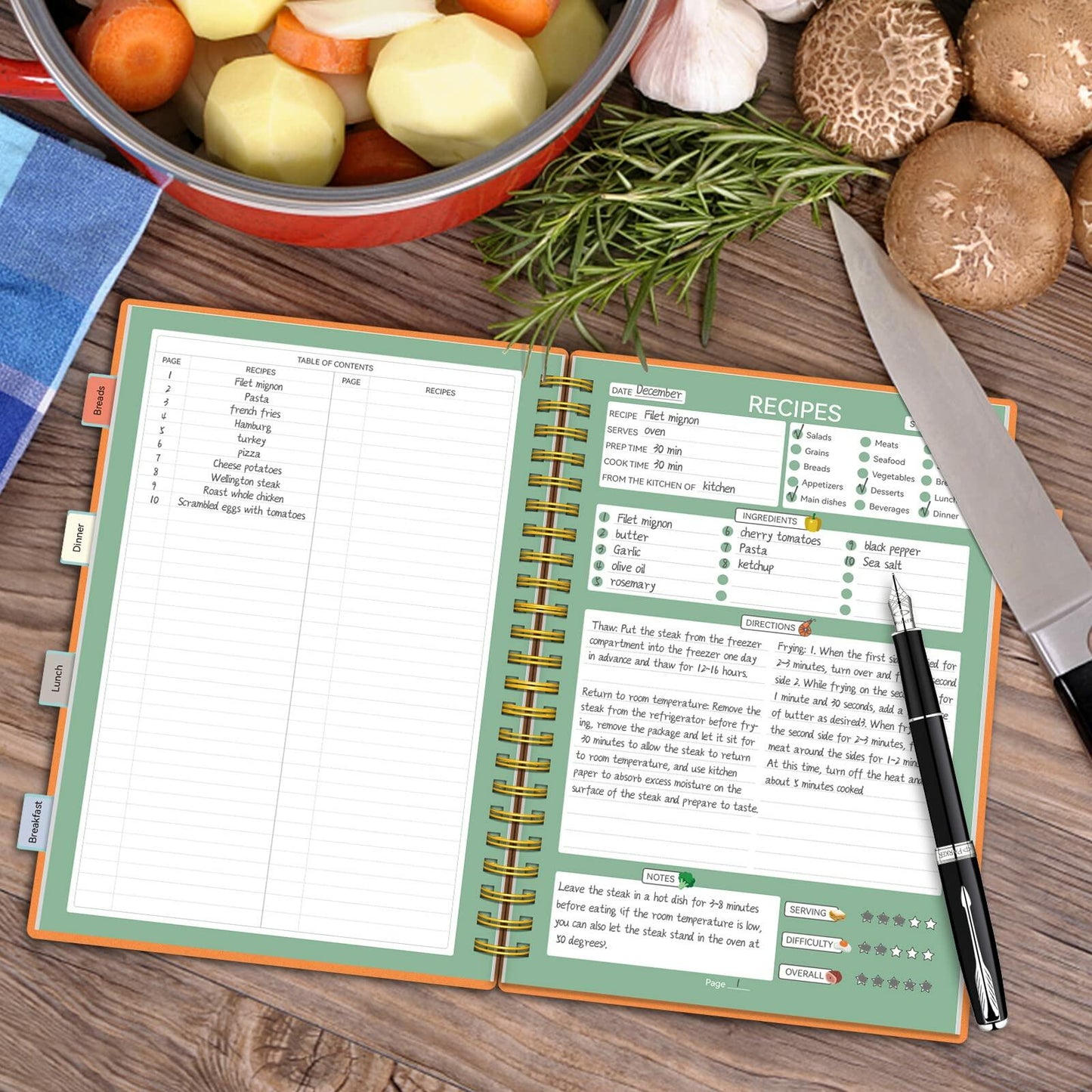 Alltree Recipe Notebook Spiral Organizer 15 Tabs 120 Pages Black 5.5x8.5