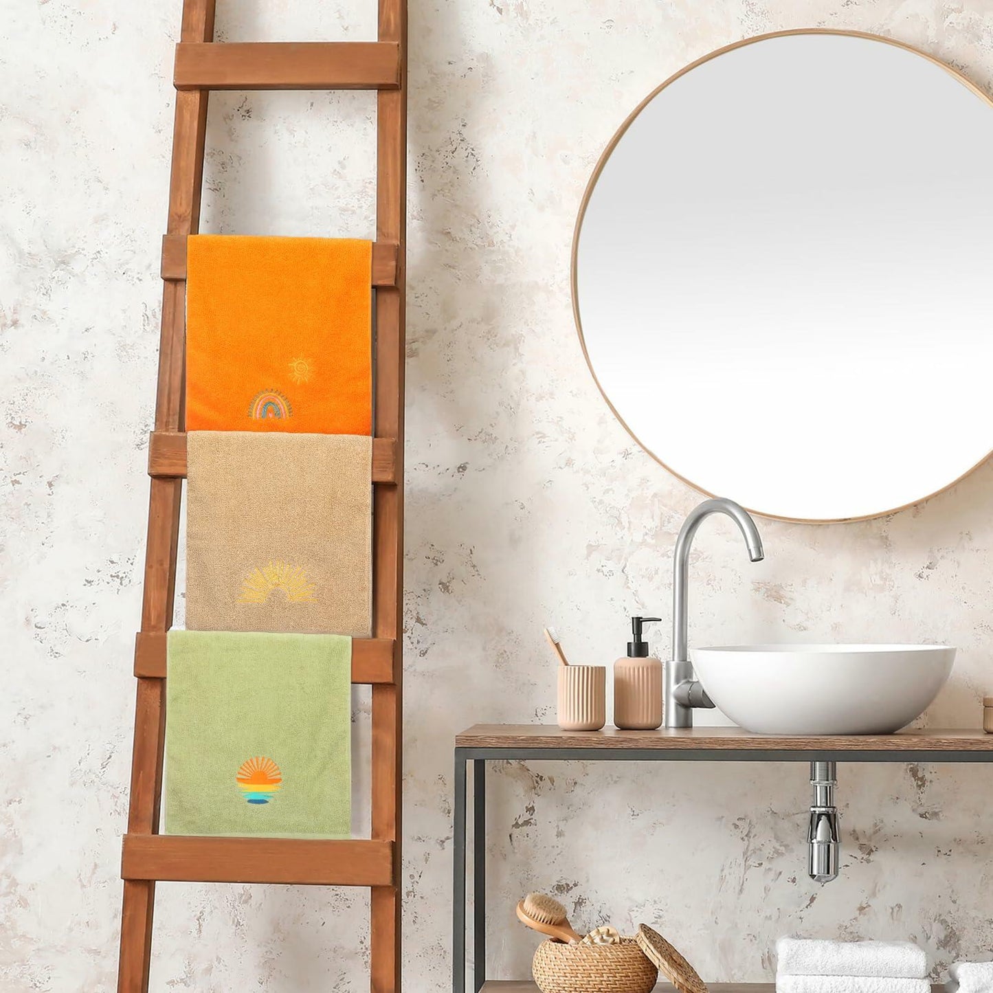 Fanfanwin Boho Embroidered Cotton Hand Towels 14x29 Inch Sun Moon Rainbow 3 Pc