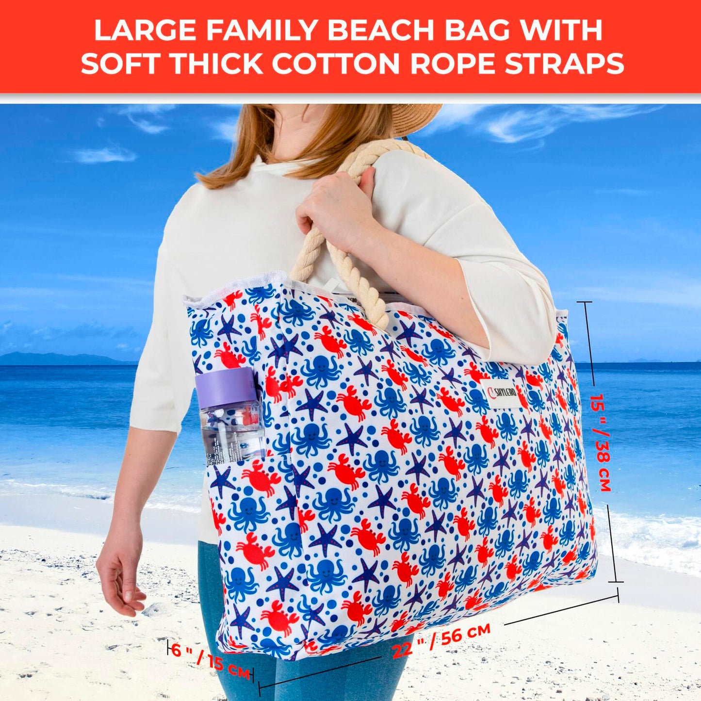 SHYLERO Waterproof Beach Tote Bag with Airtight Pouch & Key Holder L22xH15xW6