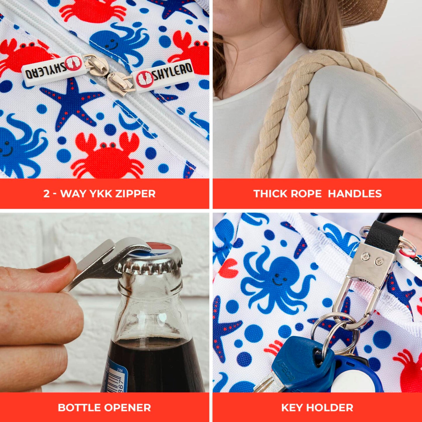 SHYLERO Waterproof Beach Tote Bag with Airtight Pouch & Key Holder L22xH15xW6