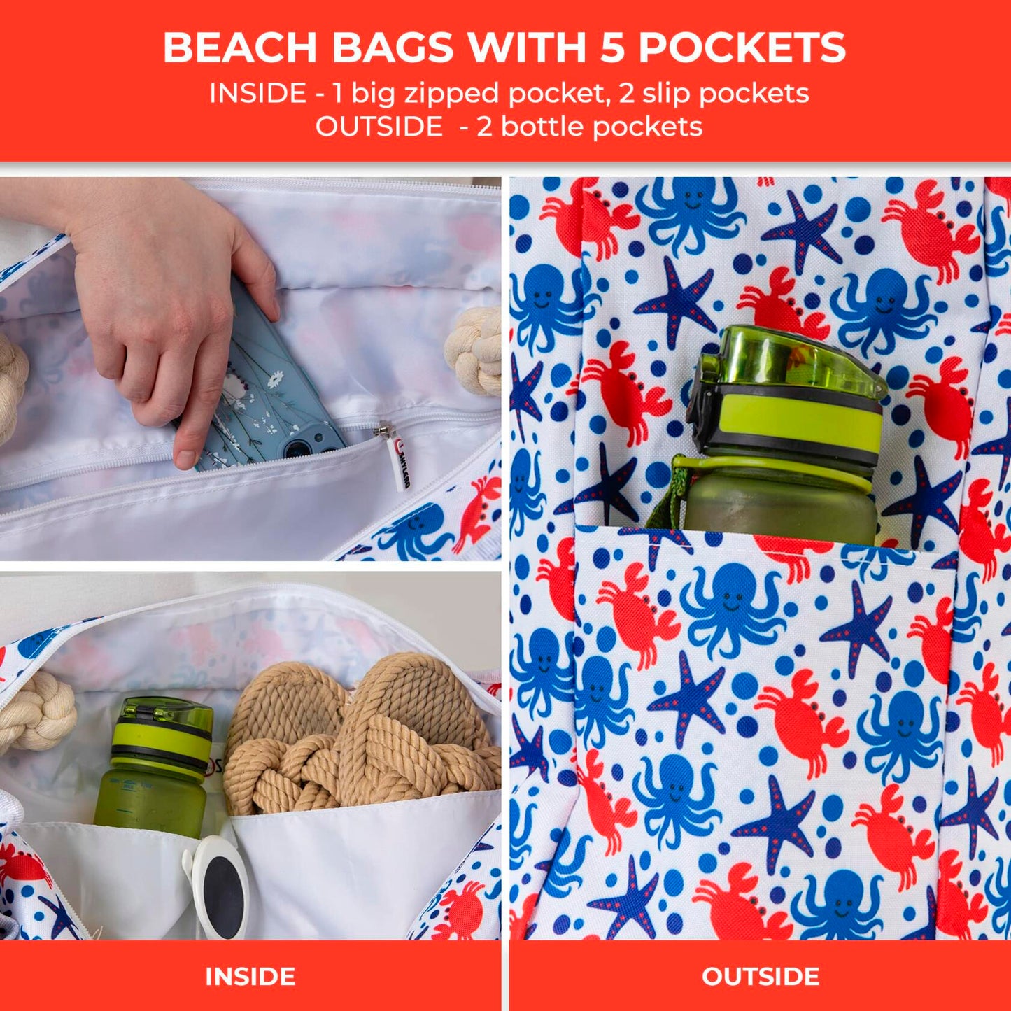 SHYLERO Waterproof Beach Tote Bag with Airtight Pouch & Key Holder L22xH15xW6