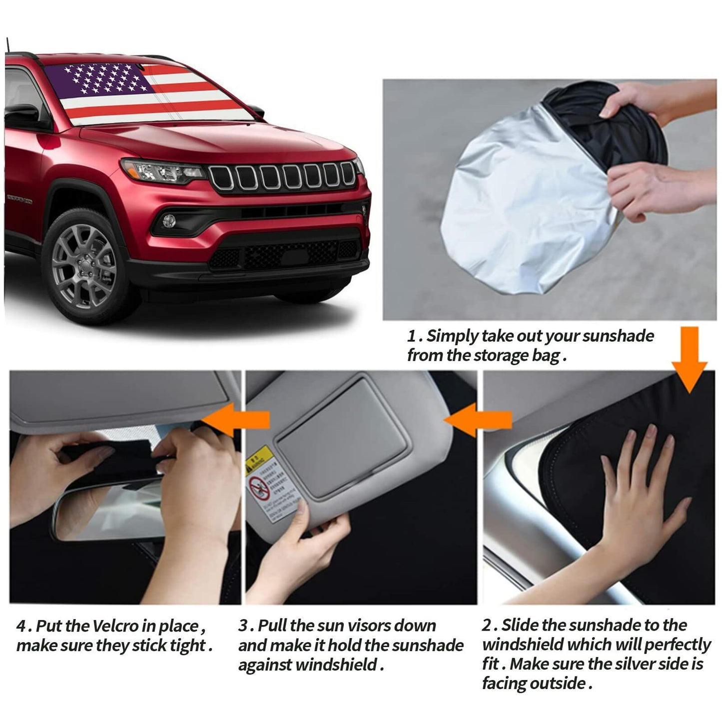 Moricere Windshield Sun Shade USA Flag Jeep Compass 2017-2023 Multi 6 Foldable