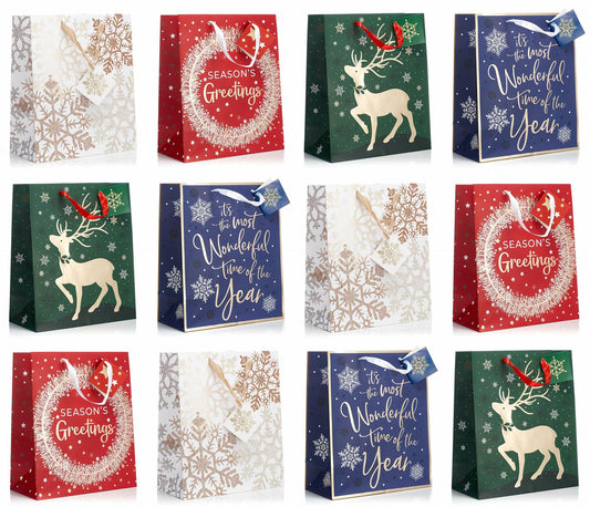 Fifth Ave Kraft Christmas Bags Large 12x10x5 Joy Pack of 12 Holiday Gift